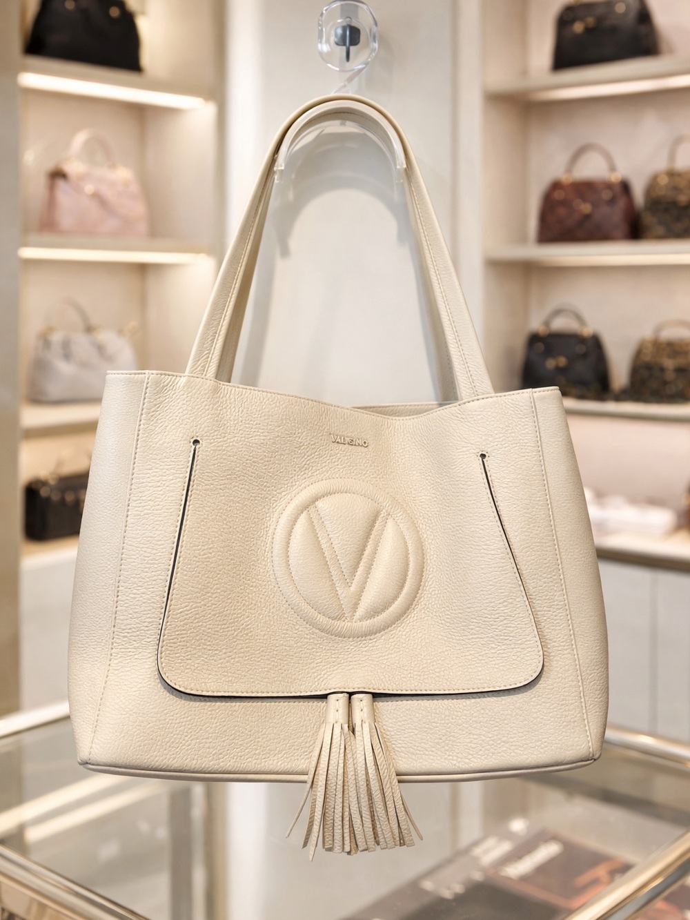 Valentino Cream Leather Tote with Embossed V and Tassel